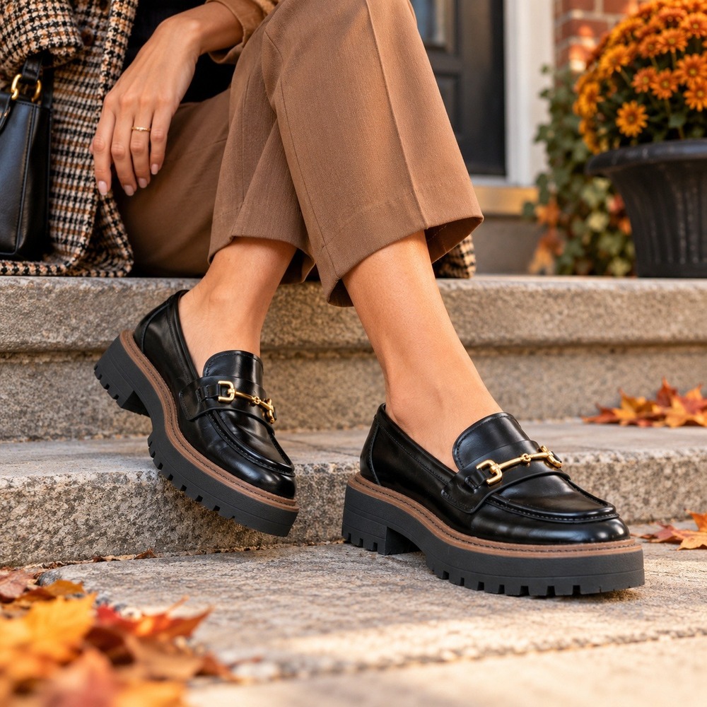 Sam Edelman Laurs Loafers Leather Horsebit Lug Sole Platform Black Women's 7.5